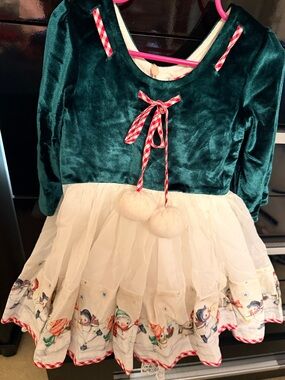 Dollcake Emerald Green Velvet and Cream Holiday Dress with Pom-Poms NWT
